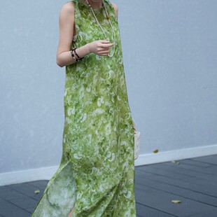 馨菲家身形自带松弛感清爽减龄无袖 G322 侧开衩真丝连衣裙YS366