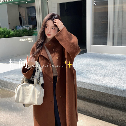 馨菲时尚百搭立领单排扣羊毛外套(配腰带)（含100羊毛）YS1-1128