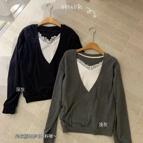 2026秋上新韩国东大门宽松气质蕾丝拼接V领针织衫女长袖假YM88560