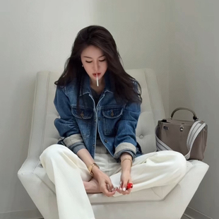 J779 配腰带 馨菲设计设计感拼接亚麻牛仔工装 外套牛仔外套