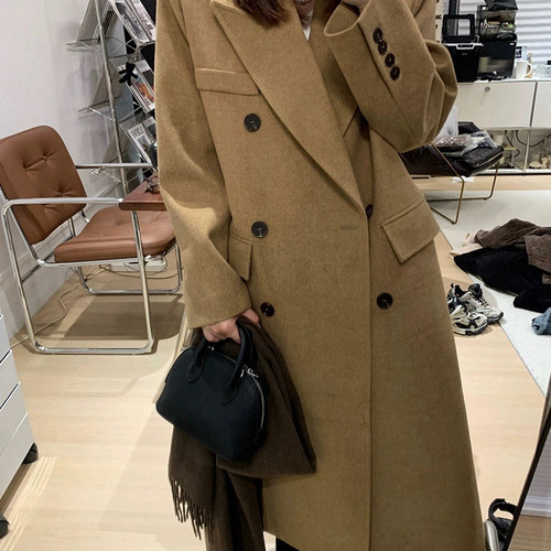 馨菲年末福利韩版简约西装领中长款羊毛外套(含100羊毛)B2019