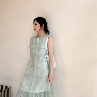 馨菲筒剪裁大口袋设计荷叶边下摆温柔高级连衣裙zl A77331A YS1