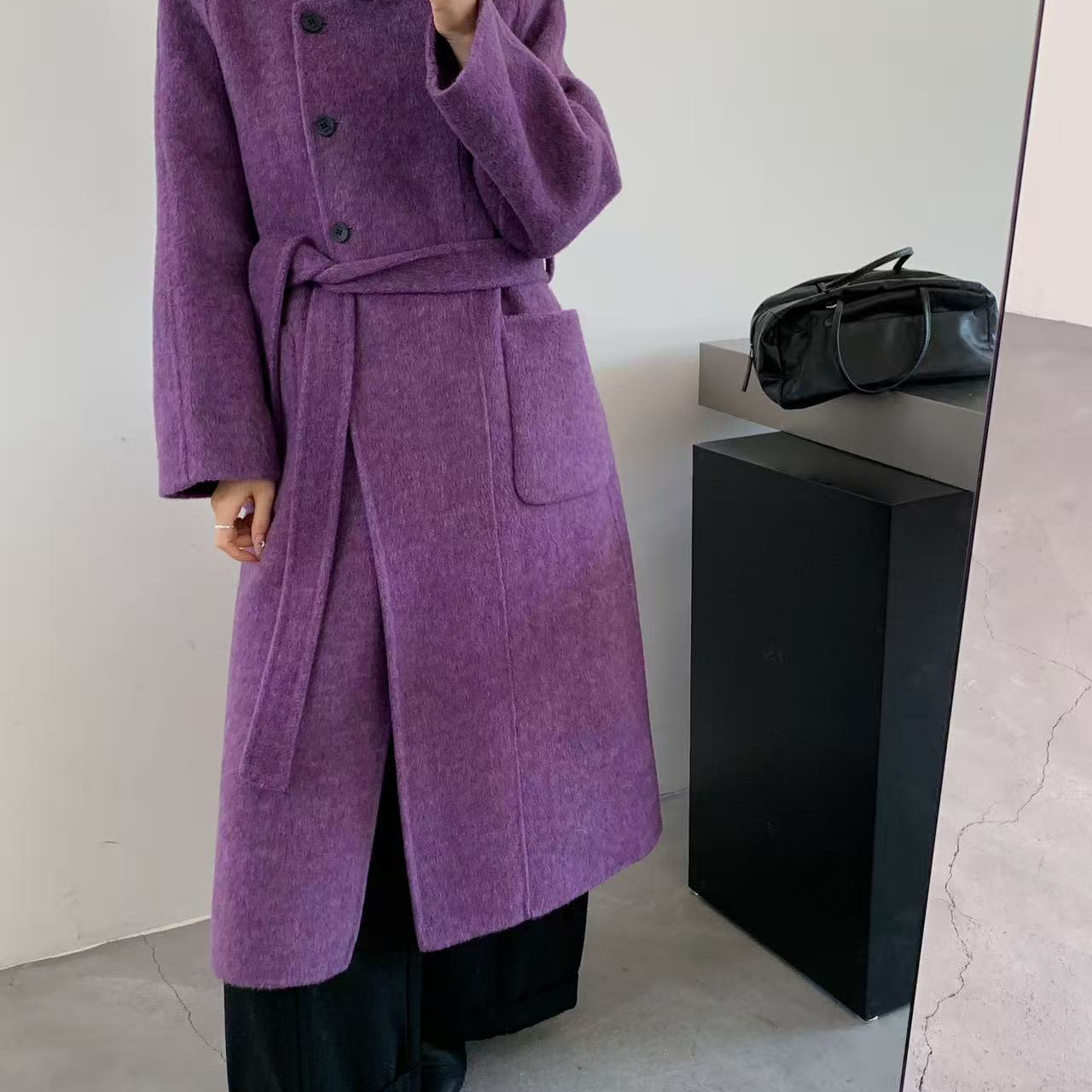 馨菲懒大气立领长款大衣羊毛外套(配腰带)（含68.2羊毛）YS1-443