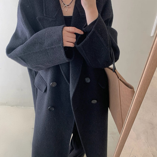 馨菲年末福利韩版西装领双排扣中长款羊毛外套(含100羊毛)B2010