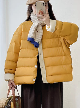 馨菲新款韩版排骨加厚圆领门襟撞色保暖羽绒服外套25746