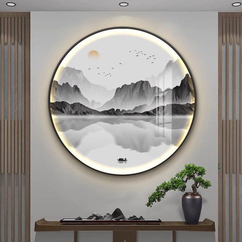 新中国风圆形灯画水墨山水意境山水入口书房背景装饰画茶室圆形挂