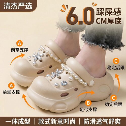 休闲风一脚蹬洞洞鞋外穿增高百搭夏季包头透气网红凉拖松糕底女鞋