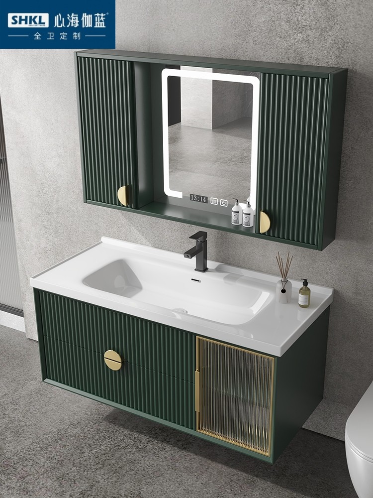 心海伽蓝现代简约橡木浴室柜组合隐藏式智能风水镜柜陶瓷一体洗手