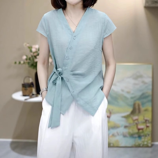 轻薄透气时尚 绑带小衫 洋气夏交叉短袖 爆 上衣女装 新款