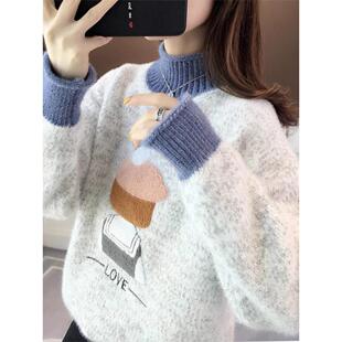 初中学生大童女孩软糯半高领毛衣秋冬新款保暖宽松慵懒针织打底衫