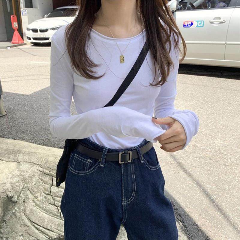 白色长袖T恤女春季2025新款加绒加厚内搭打底衫修身显瘦卷边上衣