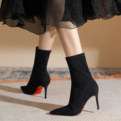 春季 2026年秋冬新款 黑色短靴女绒面红底尖头细跟高跟靴女加0128ed