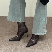 春季 2026秋冬新款 复古拼接裸靴瘦瘦靴尖头细跟棕色后拉链高0128ed