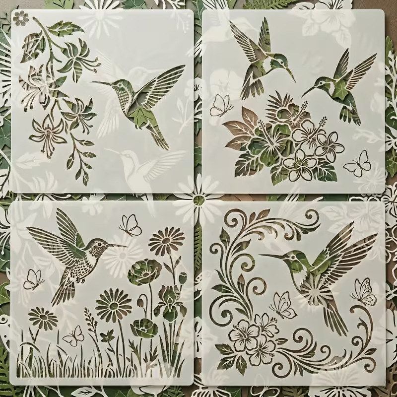 4件套 蜂鸟花卉 PET 绘画模板套装:可水洗、可重复使用