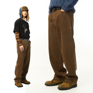 吉考斯工业套马纳福复古棕马蹄绣花直筒休闲牛仔裤宽松阔腿裤长裤