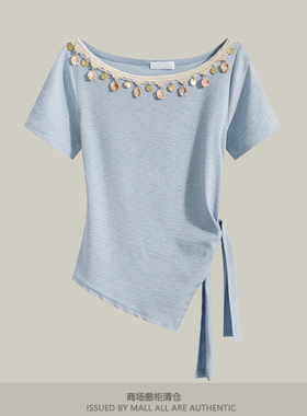 专柜新款设计感不规则绑带上衣女夏波西米亚风贝壳一字肩两穿t恤