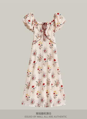 专柜法式v领复古碎花连衣裙女夏新款木耳边小众收腰显瘦气质a字裙