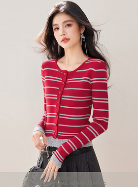 专柜春款红色撞色条纹V领针织衫女士纽扣打底修身显瘦假两件上衣