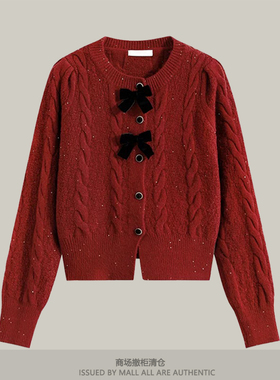 专柜气质高级感超好看的毛衣女秋冬蝴蝶结红色新年元旦红针织上衣