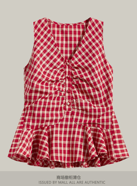 专柜新款韩系V领褶皱格子无袖衬衫女士夏外穿设计感收腰背心上衣