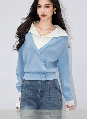 专柜温柔高级法式设计感假两件毛针织衫2024女士春秋拼接撞色毛衣