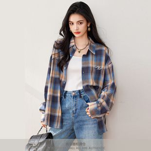 专柜开春新款美式复古长袖格子衬衫外套女设计感小众开衫防晒上衣