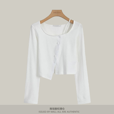 专柜螺纹针织开叉短款上衣女新款不规则锁骨高腰显瘦T恤修身长袖