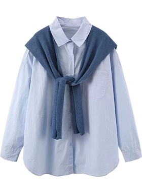 专柜针织披肩衬衫女长袖套装宽松休闲高级感痞帅polo衬衣两件套