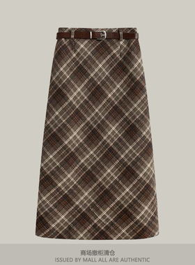 专柜新款格子西装毛呢半身裙女士秋冬季开叉包臀格纹中长款a字裙