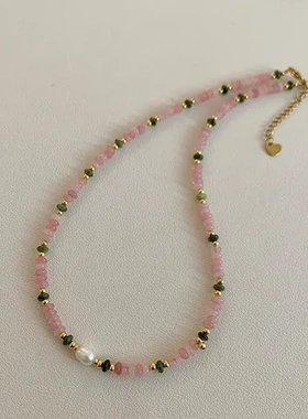 气质天然石珍珠天然石女项链西瓜红网红多巴胺绿色锁骨链混色淡水