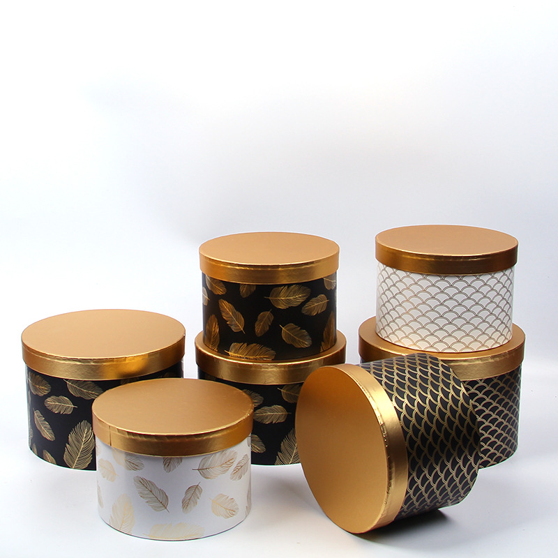 高端圆形鲜花抱抱桶三件套烫金圆筒礼盒金属纸礼品包装盒套三