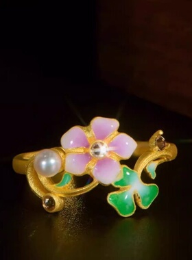 新款夕颜花桃花戒指女时尚轻奢风珐琅粉色花朵开口指环厂家批发