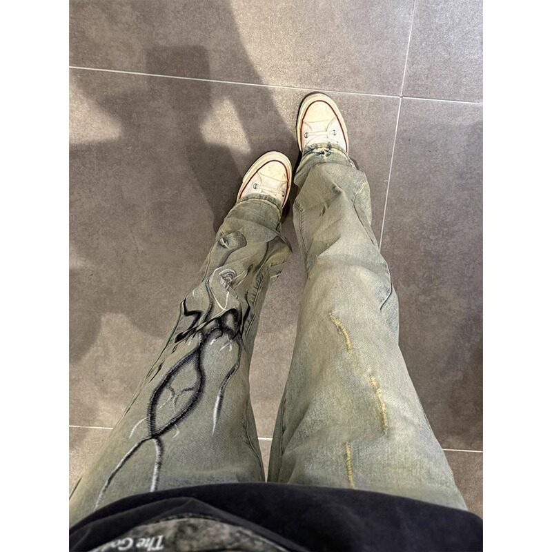 黄泥微喇牛仔裤男直筒宽松水洗做旧复古美式高街裤子潮牌痞帅炸街