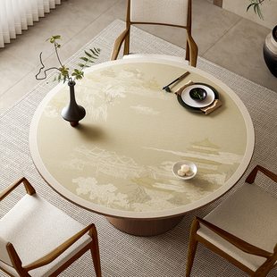 喜即新中式圆桌餐桌垫皮革防水防油免洗易打理烟岚入画国风氛围感