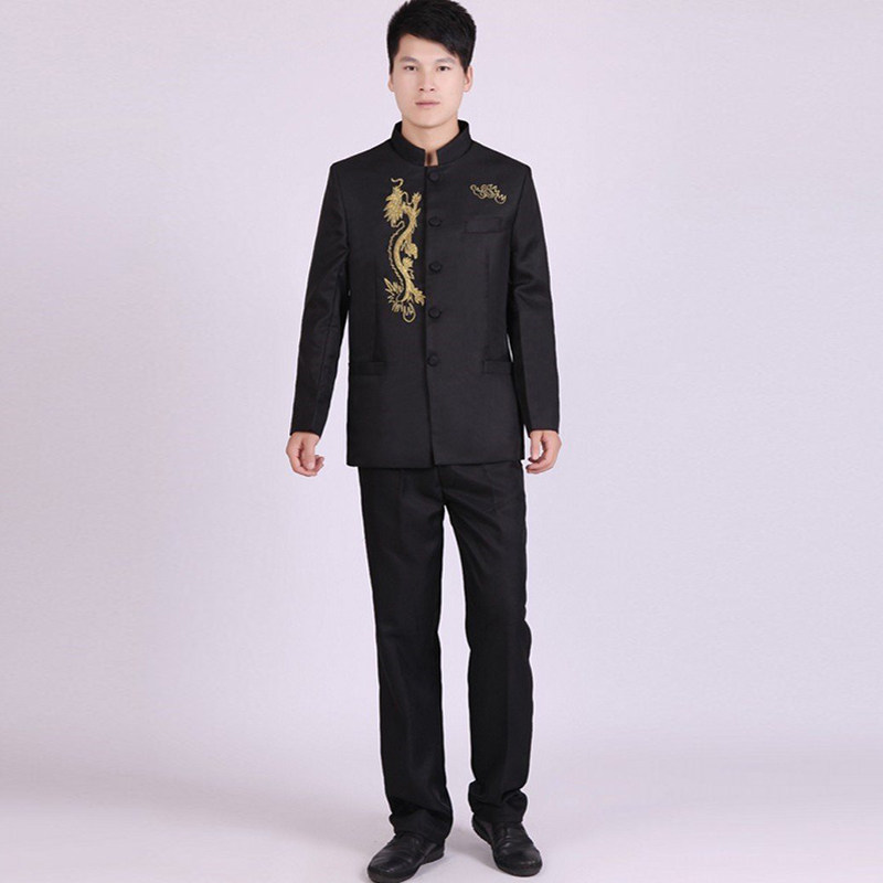 高档青花瓷白色中山装演出服梅花刺绣成人男礼服表演二胡独唱主持