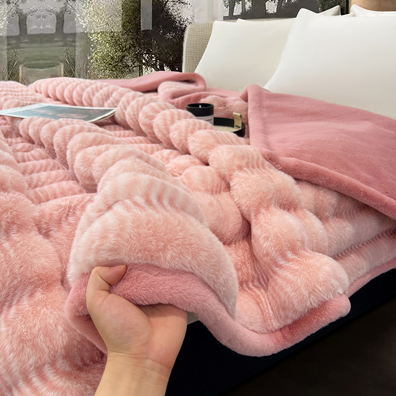 秋冬慵懒风沙发毛毯双层加厚仿兔绒双人盖毯办公毯子女结婚庆陪嫁