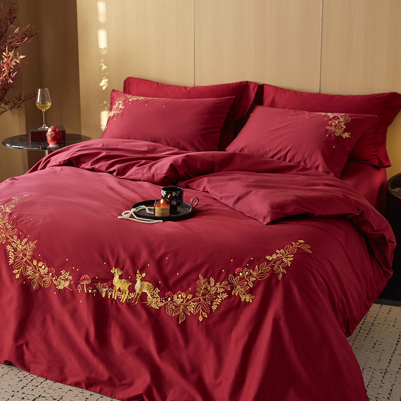 公主风婚庆床上用品四件套高档刺绣纯全棉100红色陪嫁被子全套装4