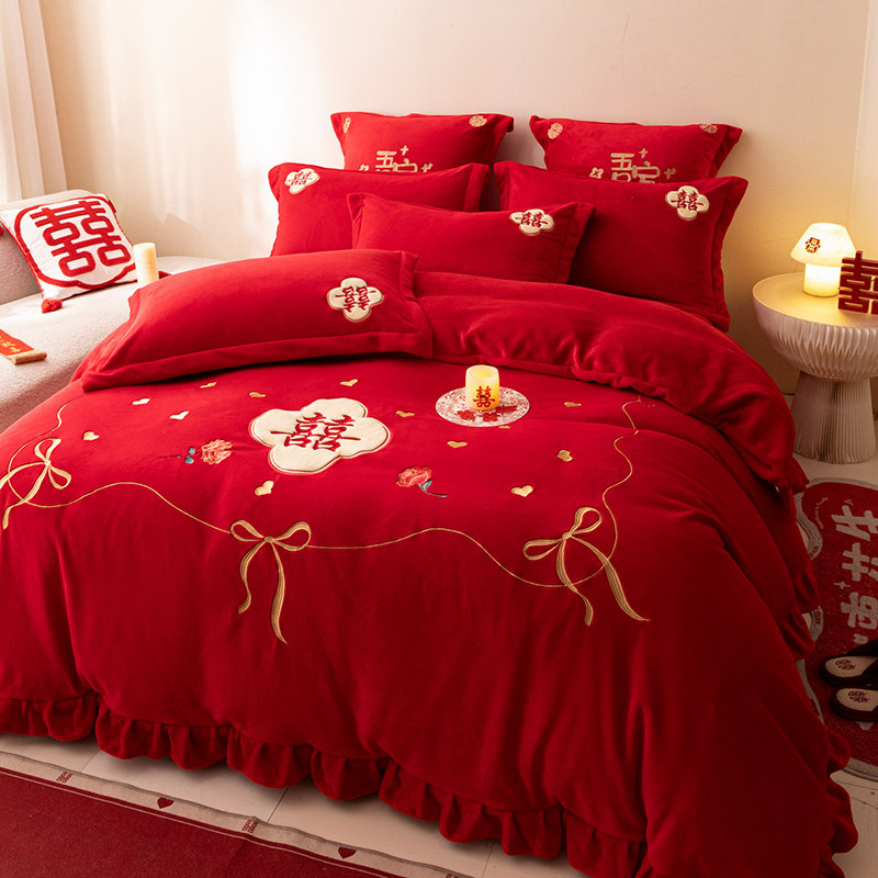 结婚囍嫁牛奶绒四件套婚庆加厚保暖大红色床单被套新房布置六全套,床上用品,婚庆床品套件,淘宝优惠券,粉丝福利购,淘宝优惠卷