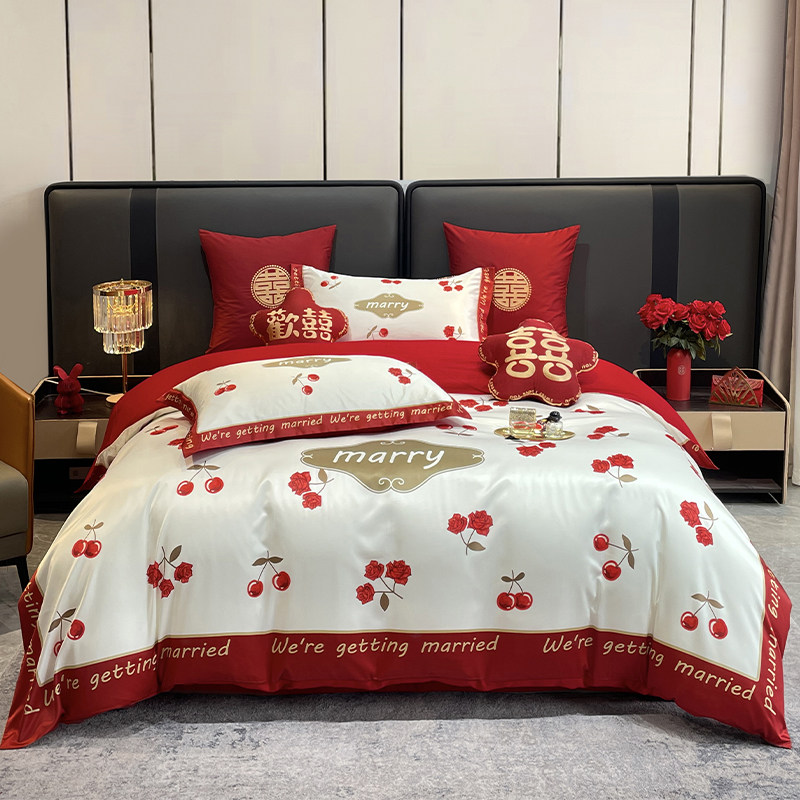 高端100支长绒棉纯全棉结婚红色四件套婚庆床品陪嫁喜被印花八件6