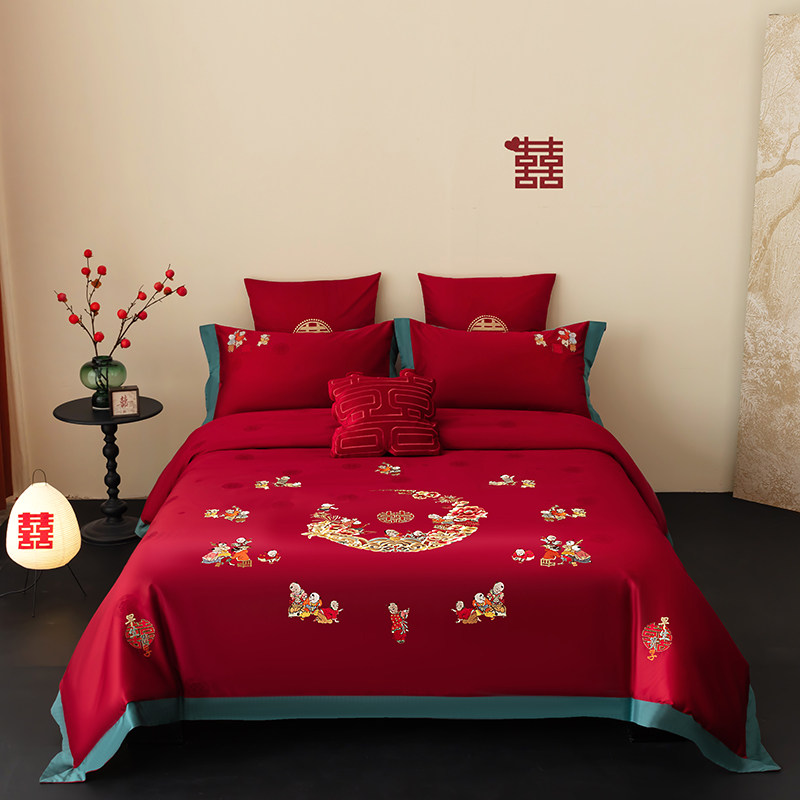 结婚百子图纯棉床上用品四件套红色被套绿色床单婚庆陪嫁被褥全套,床上用品,婚庆床品套件,淘宝优惠券,粉丝福利购,淘宝优惠卷