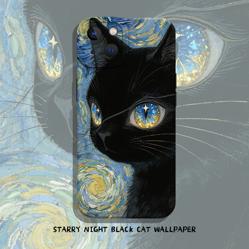 适用opporeno15手机壳14星空黑猫13油画find梵高x9猫咪8pro艺术s+小猫12新款11可爱10男9女7ultra/6/5/4/oppo