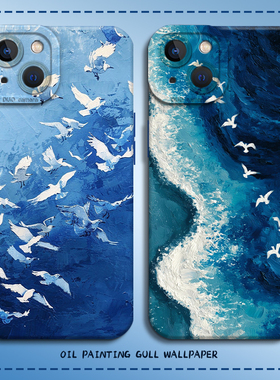 油画白鸥手机壳适用苹果17蓝色iphone16promax大海15plus艺术14pro小众13mini高级感12新款11男8p女7/xs/xr/x