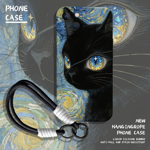 星空黑猫手机壳带挂绳