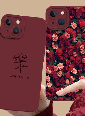 玫瑰花手机壳适用opporeno14酒红色findx8pro新款13/12花朵11山茶15高级感9小众7ultra超火6轻奢5女4网红oppo