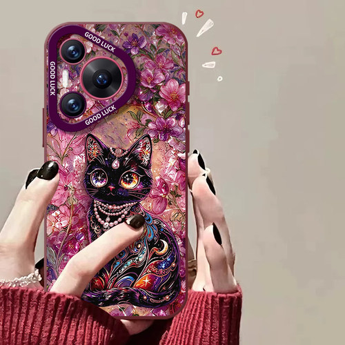 适用华为手机壳鎏金花纹猫