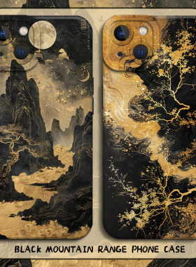 黑金山水画手机壳适用苹果16新款iphone15promax新中式14plus国风13mini高级感12小众11黑色8p古风7男xs/xr/x