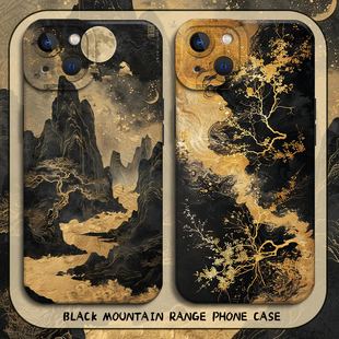 14plus国风13mini高级感12小众11黑色8p古风7男xs iphone15promax新中式 黑金山水画手机壳适用苹果16新款