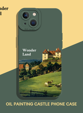 油画城堡手机壳适用苹果16新款iphone15promax复古14plus简约13mini小众12高级感11文艺8p绿色7小清新xs/xr/x