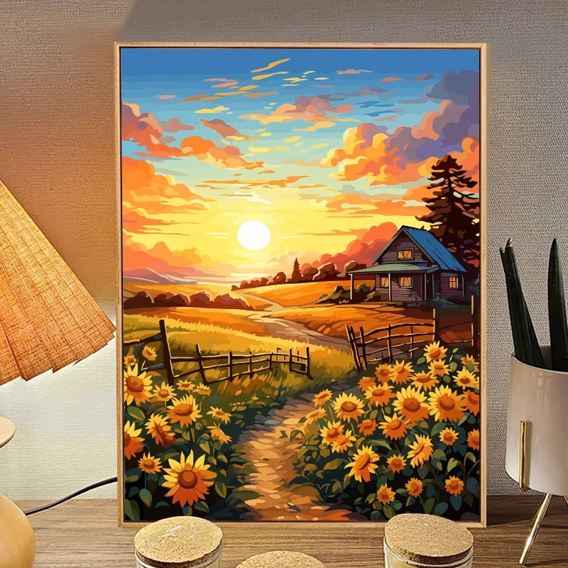 向日葵装饰挂画油画风花海高清喷印成品夕阳唯美治愈客厅卧室书房图片