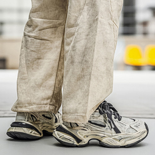 2026新款时尚男鞋做旧复古休闲鞋透气软底运动鞋低帮系带圆头厚底